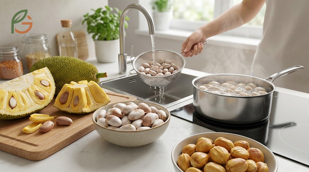 How to cook jackfruit seeds involves boiling for 30 minutes until tender to enjoy their nutty chestnut flavor.