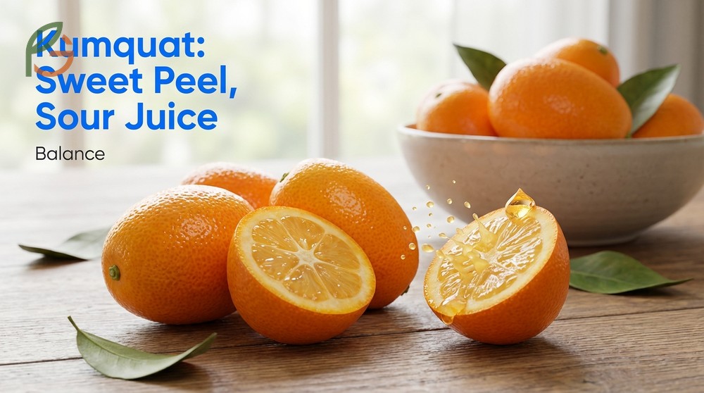 Kumquat sweetness sourness balance describing the sequential taste experience of sugar rich peel and acidic juice.