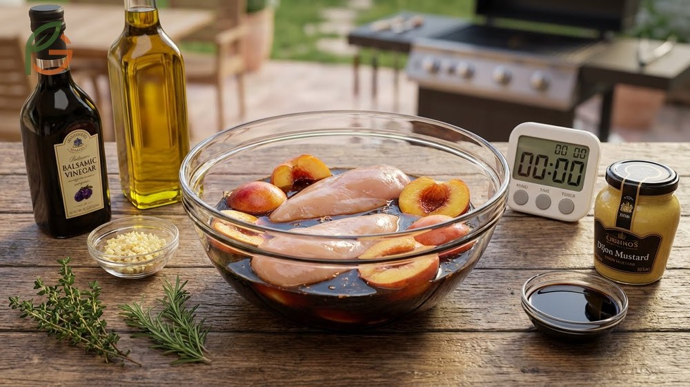 Marinade options for chicken and peaches including olive oil vinegar and aromatic herbs in a glass container.