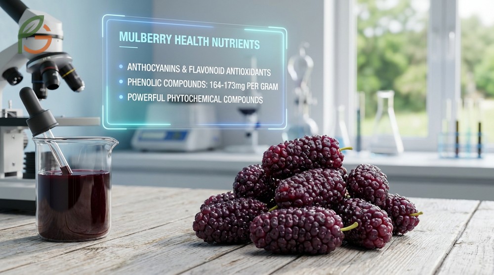 Mulberry health nutrients feature powerful anthocyanins and antioxidants that scavenge free radicals and reduce inflammation.