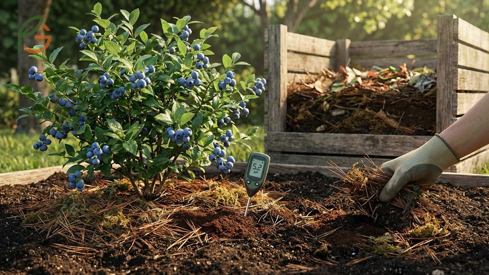 Acidify soil blueberries naturally by incorporating pine needles and oak leaves that decompose into organic acids.