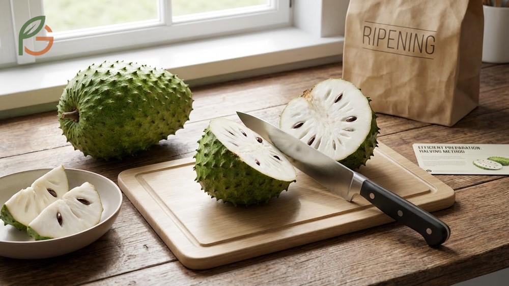Open soursop easily using a sharp chef knife to slice lengthwise without peeling the spiky skin.