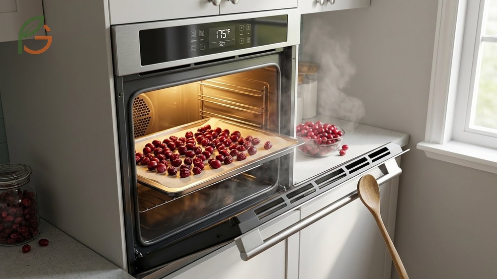Oven dried cranberries method using lowest temperature settings and propped door to dehydrate berries over 6 to 10 hours.