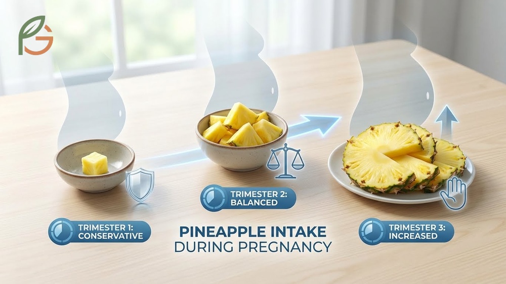 Pineapple during pregnancy by trimester guidelines suggest conservative portions in early stages and more later on.