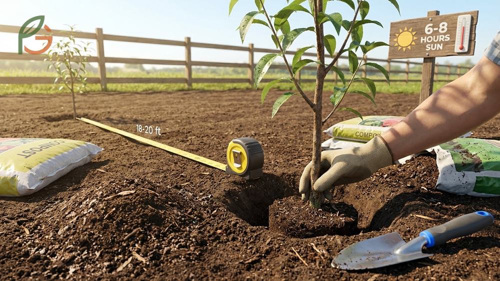 Planting and care essentials for peach trees detailing sun exposure, soil drainage, and annual pruning needs.