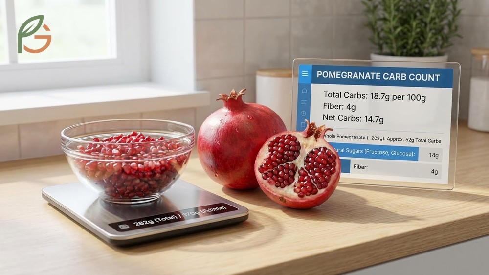 Pomegranate carb count is 18.7g per 100g with 4g of dietary fiber helping to buffer blood sugar response.
