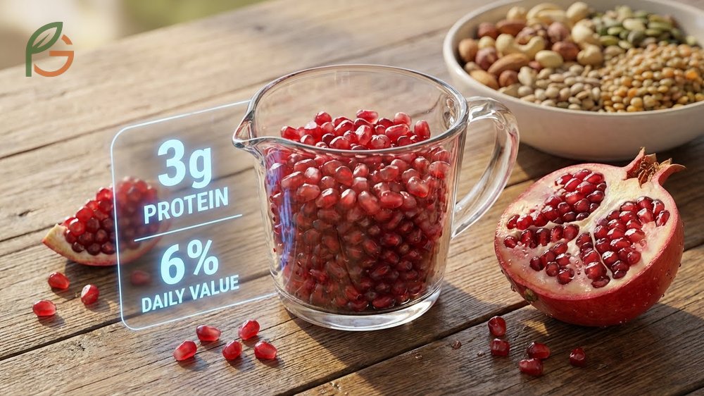 Protein in pomegranate seeds content explanation showing 3g per cup as part of a balanced plant based diet.