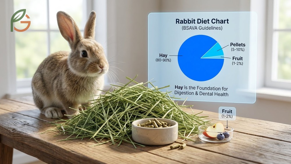 Rabbit diet chart illustrating hay importance and limiting treats like honeydew to small percentages.