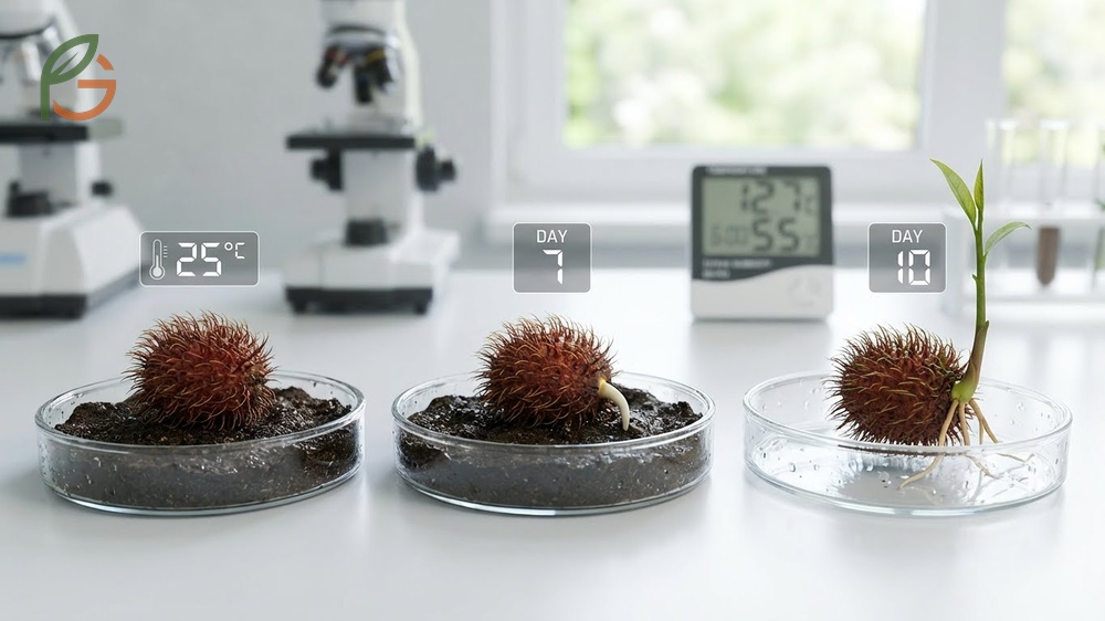 Rambutan germination time typically ranges from 7 to 10 days when soil temperature stays near 77 degrees Fahrenheit.