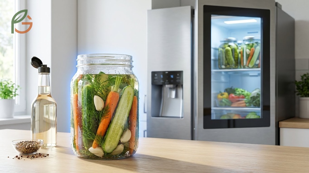Refrigerator pickle method guidelines ensuring safety by maintaining proper acidity and cold storage temperatures.