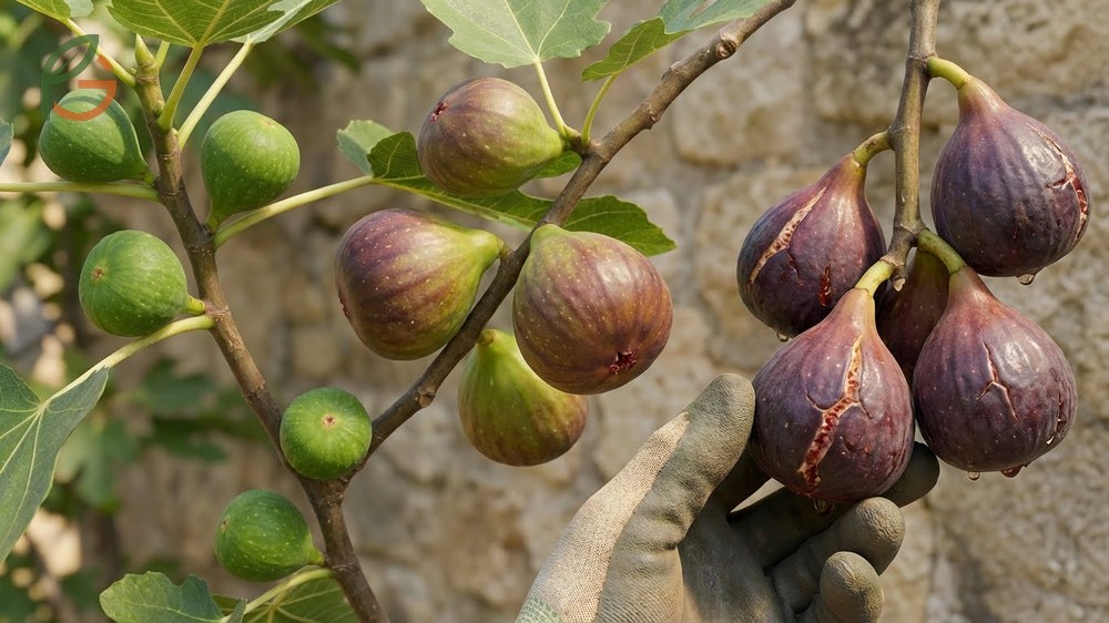 Ripe fig signs showing the fruit hanging downward with deep color and soft texture.
