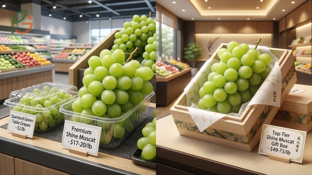 Shine muscat price analysis depicted by premium gift packaging and pricing tags in a luxury fruit market.