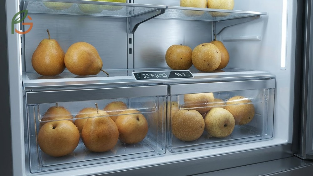 Storing Asian pears in refrigerator crisper drawers at 32 degrees Fahrenheit to maintain quality for up to three months.