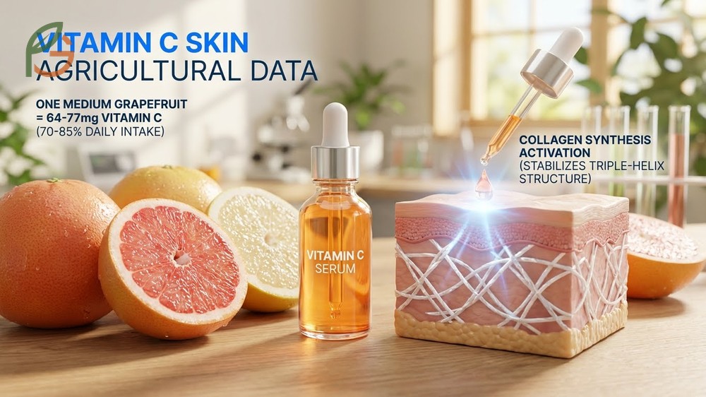 Vitamin C skin benefits from grapefruit include stimulating collagen synthesis and neutralizing free radicals to prevent premature aging.
