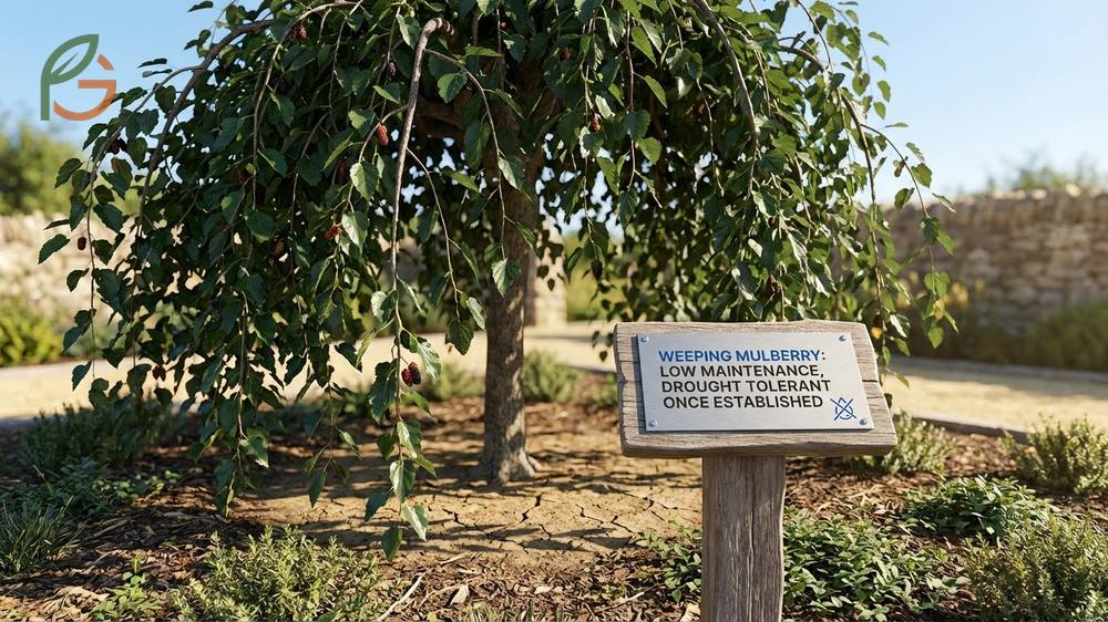 Weeping mulberry care requiring consistent watering during the first 2 to 3 years and summer pruning to maintain manageable heights and shape.