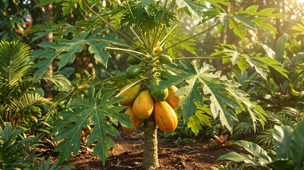 What is a papaya describing the tropical fruit from Caricaceae family with 68 calories and high Vitamin C.