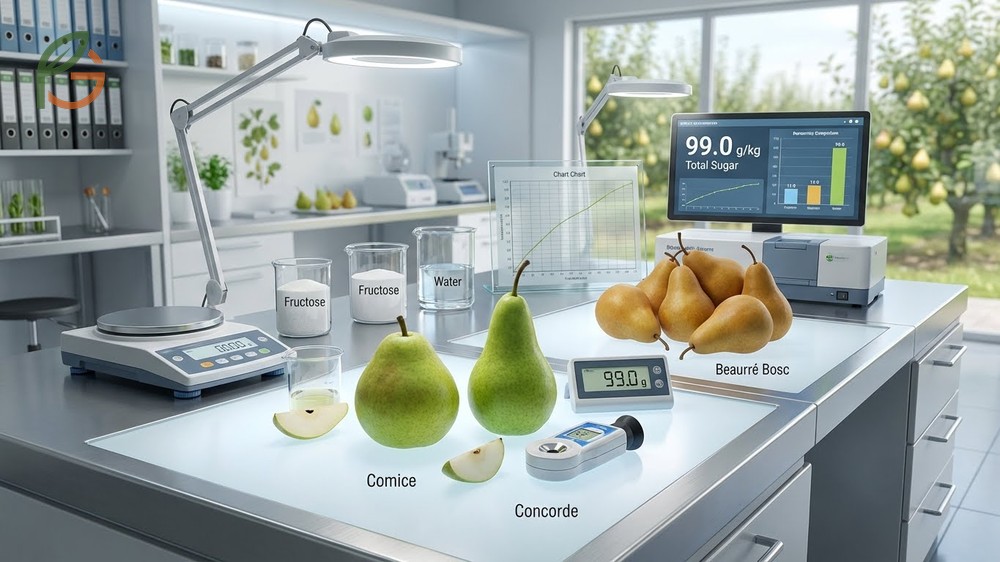 What is the sweetest pear comparison highlighting Comice and Concorde sugar content levels.