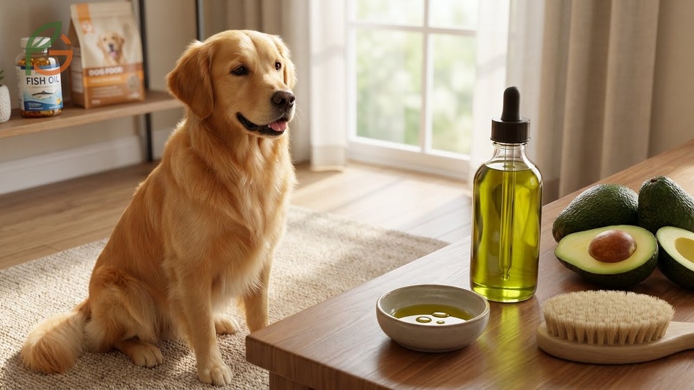 Avocado oil for dogs skin and coat application demonstrating topical use for moisturizing dry skin.