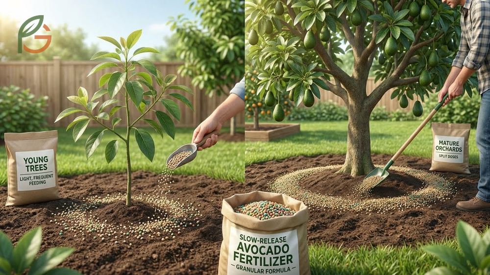 Avocado tree fertilizer application rates of 1.5 to 2 pounds of nitrogen annually for mature trees.