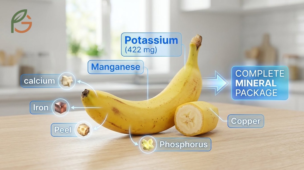 Banana mineral content includes 422 mg of potassium and essential manganese to support bone health and blood pressure.