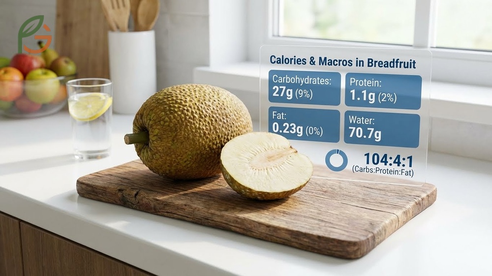 Calories and macros in breadfruit provide sustained energy with twenty seven grams of complex carbohydrates per serving.