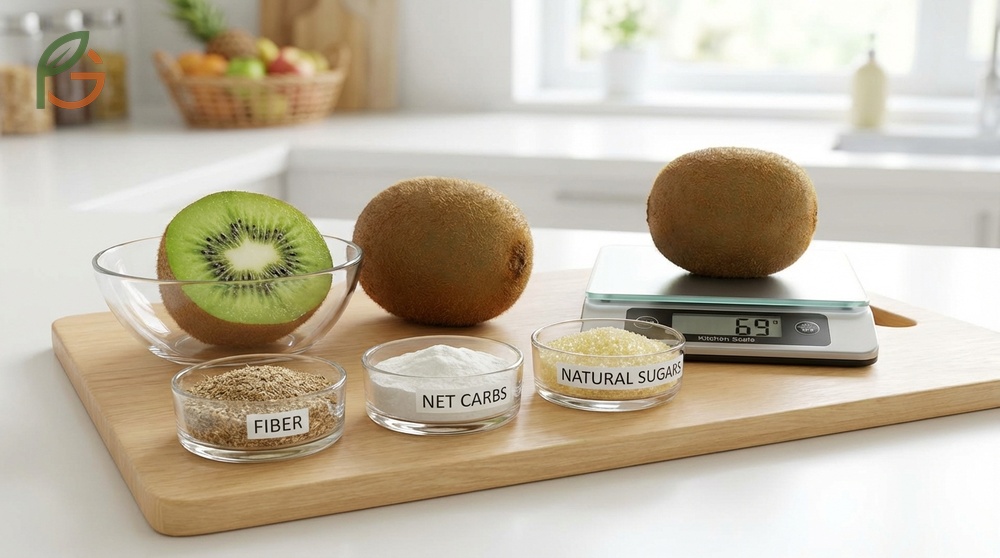 Carbs in kiwi breakdown detailing total carbohydrates and fiber content for glycemic control.