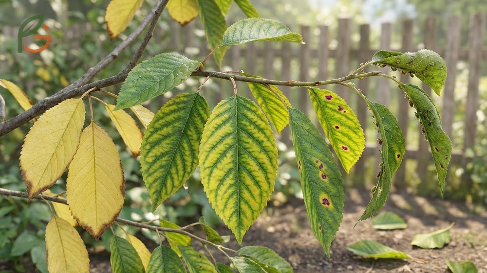 Cherry tree leaves turning yellow often indicates nitrogen deficiency or early symptoms of leaf spot requiring fungicide treatment.