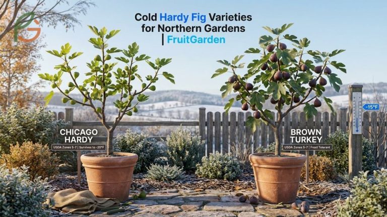 Cold hardy fig varieties for northern gardens featuring resilient Chicago Hardy and Brown Turkey trees with fruit.