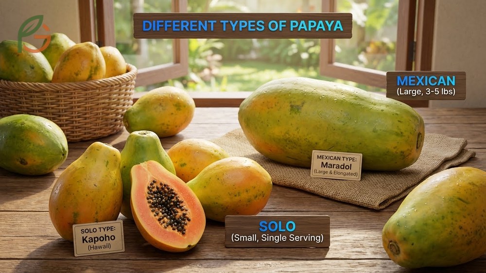Different types of papaya including Hawaiian Solo and Mexican Maradol varieties with varying sizes and flavors.
