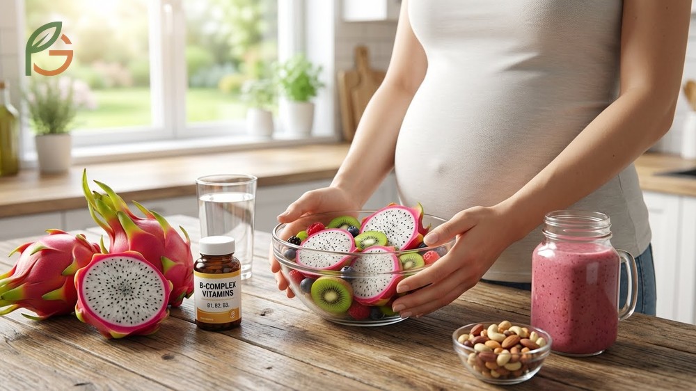 Dragon fruit nutrition pregnancy profile featuring B vitamins for energy and antioxidants for cell protection.