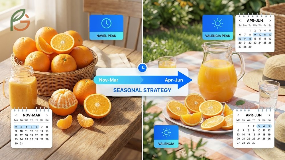 When are oranges in season purchasing strategies for buying Navels in winter and Valencias in summer for best value.