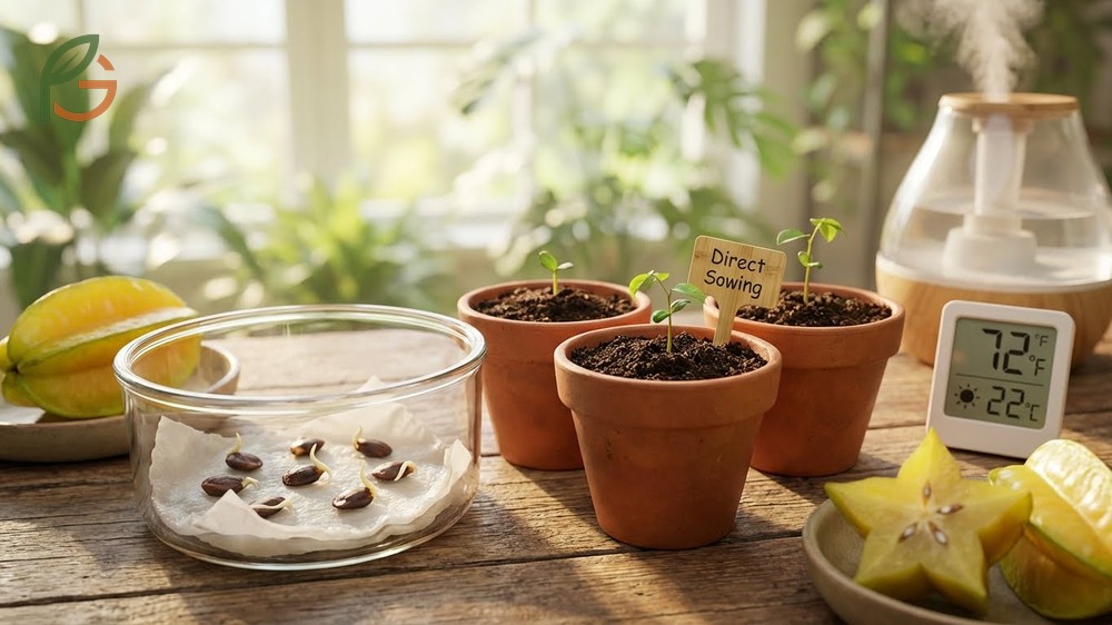 Germinate starfruit seed using the paper towel method or direct sowing at consistent warm temperatures.