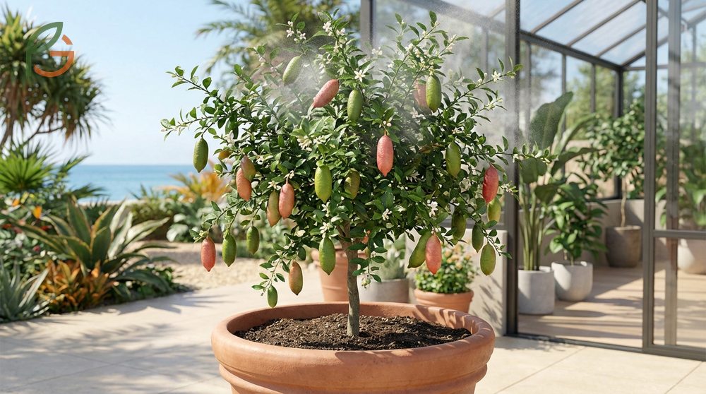 A healthy finger lime tree growing in a container with thorny branches and small glossy leaves.