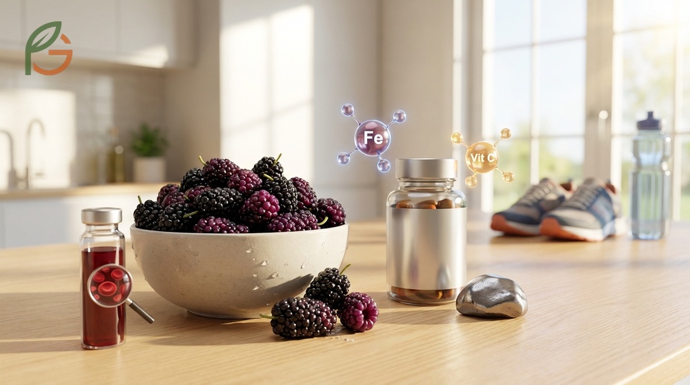 Health benefits of mulberry include improved iron status to fight anemia and reduced cholesterol levels in adults.