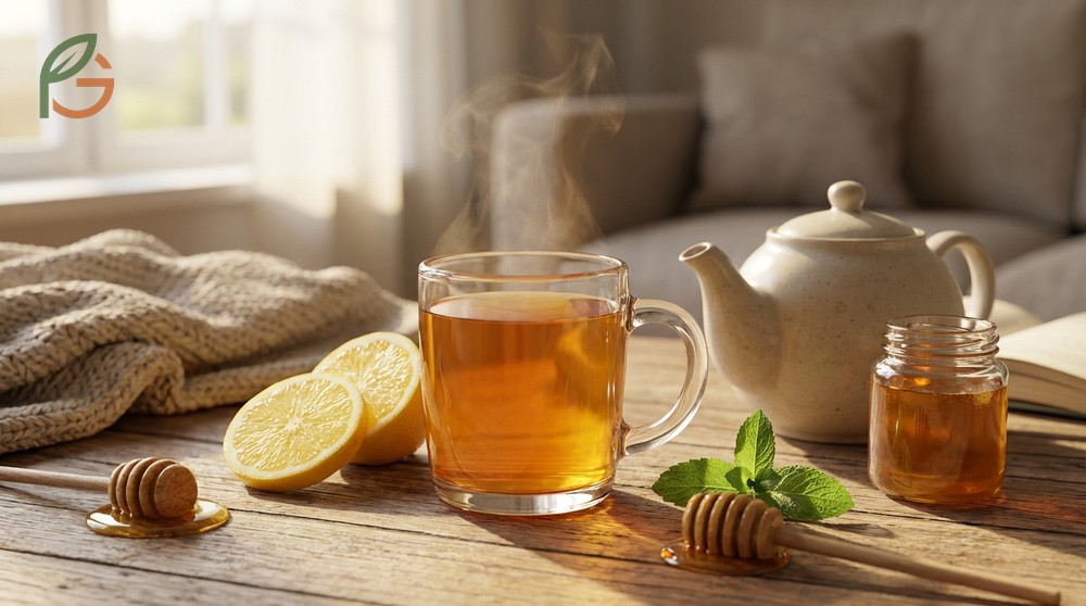 Honey lemon tea recipe combining antimicrobial honey and anti-inflammatory lemon for throat pain relief in 3 days.