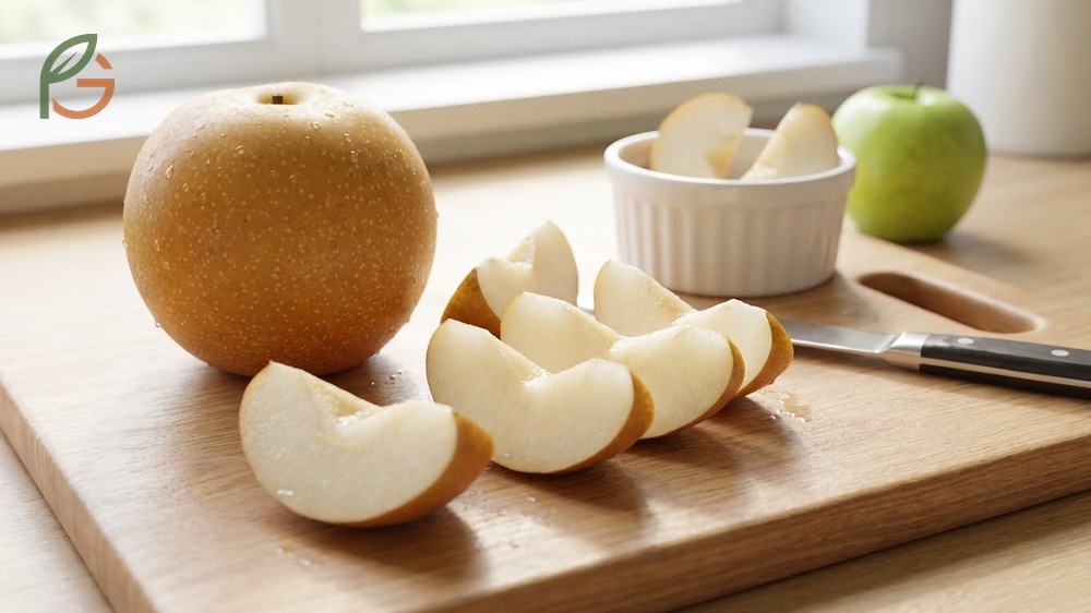 How to eat an Asian pear sliced fresh for a refreshing crunchy snack or used in salads for added texture.
