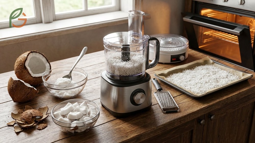 How to make desiccated coconut by baking grated coconut meat at 212°F for 20-25 minutes until completely dry.