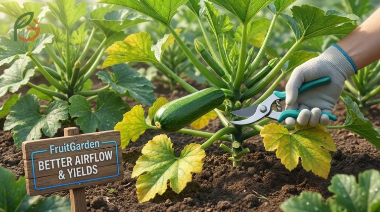 How to prune zucchini plants by removing leaves below the first fruit to double yields and reduce disease risk by 40 percent.