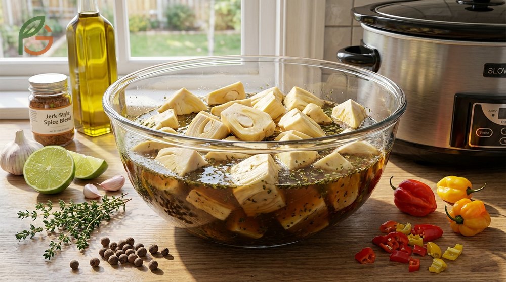 Marinating and slow cooker methods help jackfruit absorb flavors like lime and spices for 4 hours on high.