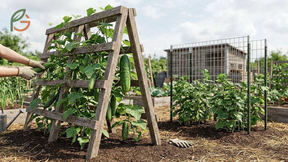 A gardener reaching to harvest fresh cucumbers from a six foot tall vertical trellis system.