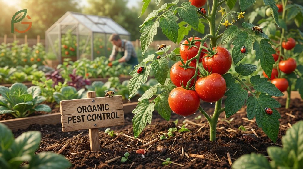 Organic pest control for tomatoes includes using neem oil and attracting beneficial insects like braconid wasps.
