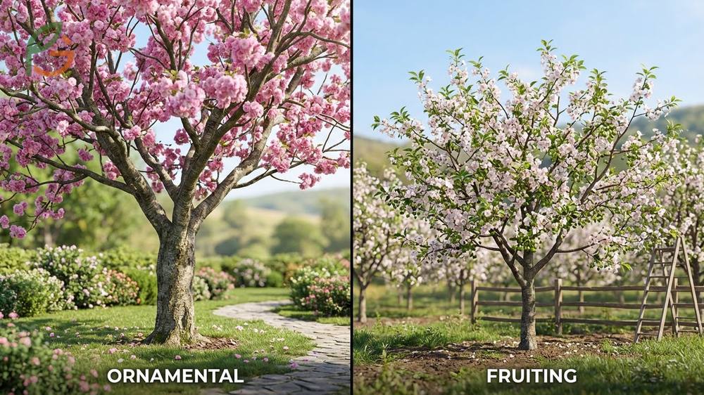 Ornamental vs fruiting cherry trees comparison showing flower differences and tree heights for landscape planning.