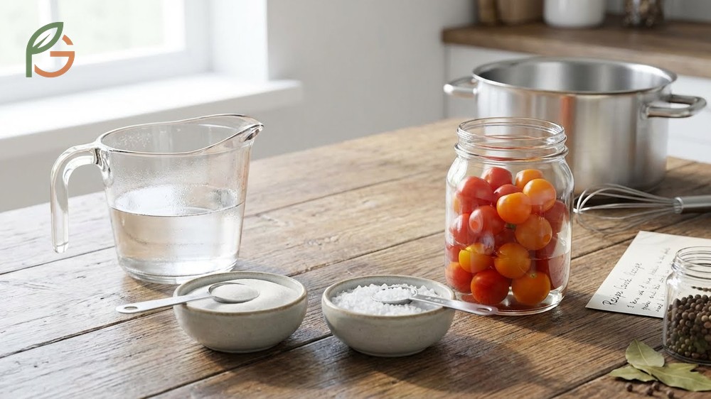 Pickling brine recipe consisting of equal parts vinegar and water with salt and sugar for flavor balance.