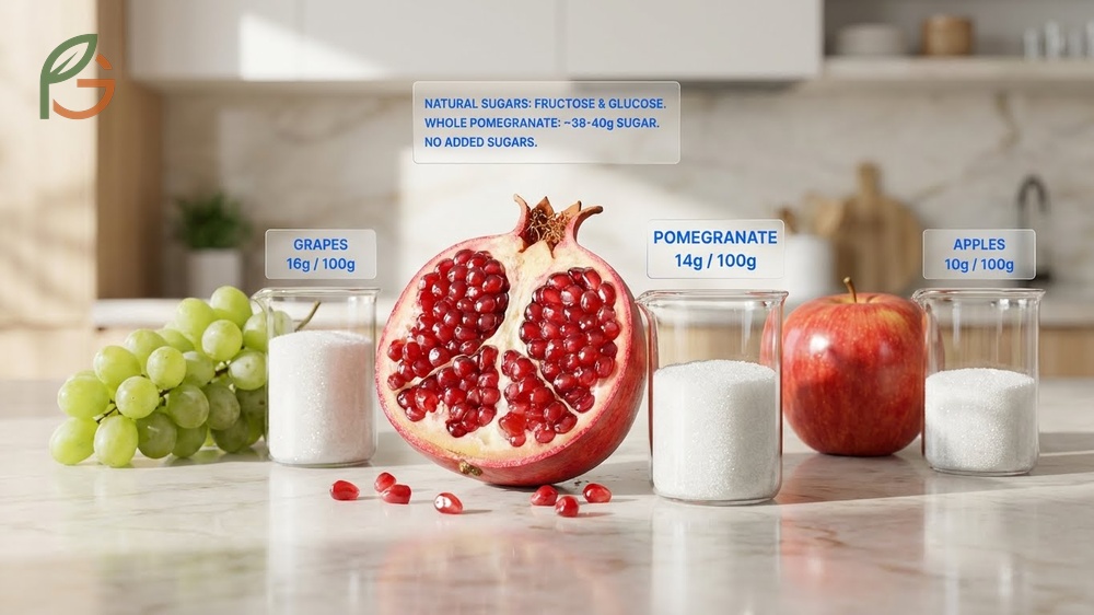 Pomegranate sugar content reaches 14g per 100g but comes with a beneficial fiber ratio that outperforms watermelon.