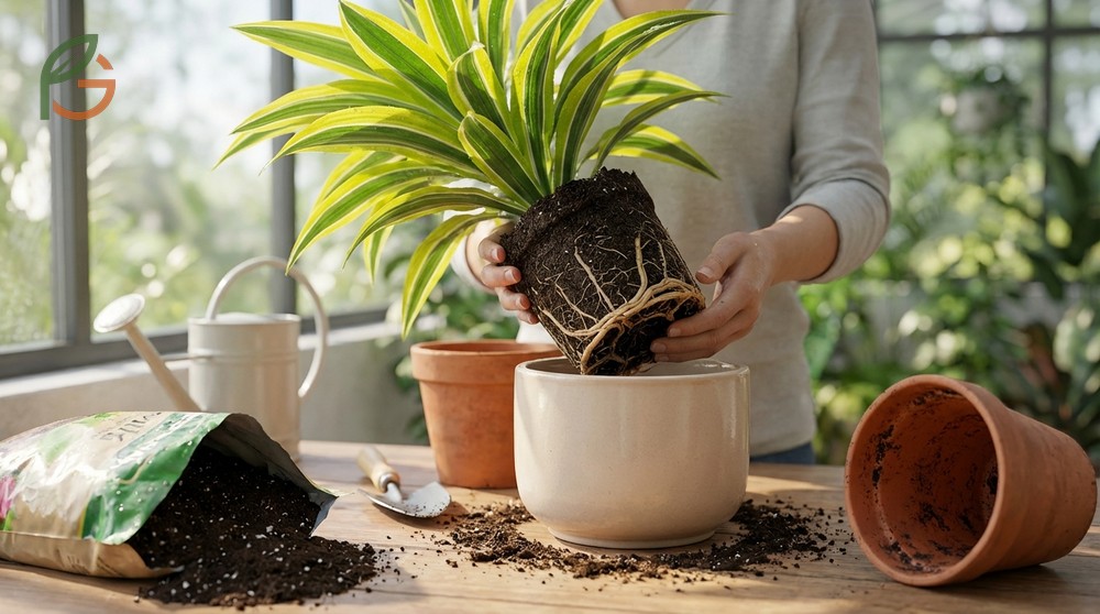 Repotting lemon lime dracaena every 3-5 years into a pot only 1-2 inches larger prevents root rot.