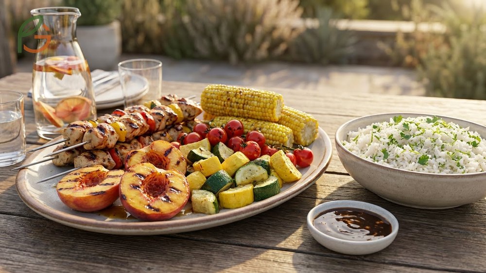 Summer dinner pairing ideas featuring grilled chicken and peaches served with corn and green salad.