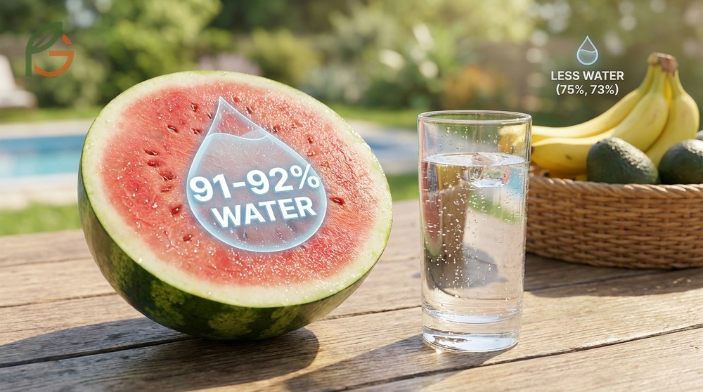 Water content percentage in watermelon reaches 91 to 92 percent which helps dilute calorie density to just 30 calories.