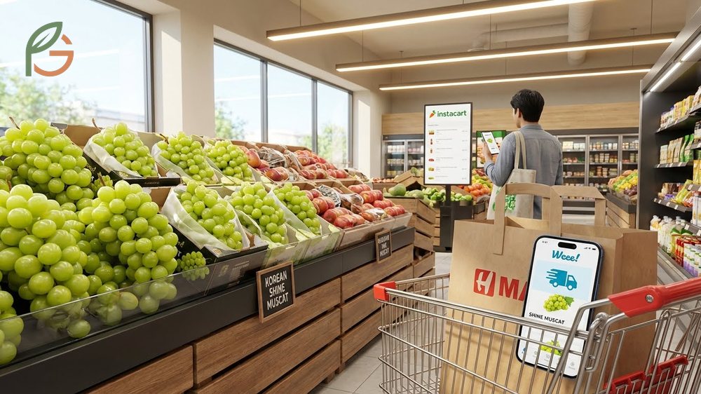 Where to buy shine muscat grapes illustrated by a shopper selecting fresh packs at an Asian specialty grocery store.