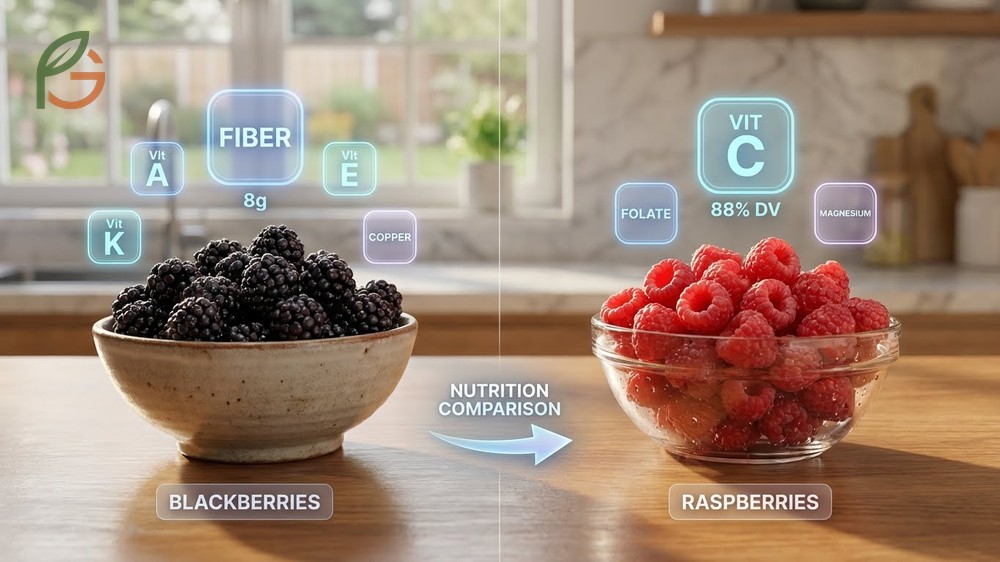 Blackberries vs raspberries nutrition comparison showing higher fiber and vitamin K levels in blackberry fruit.