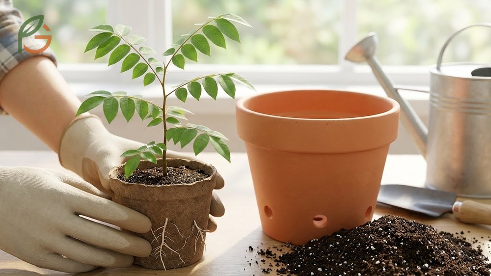 Carambola seed propagation transplanting seedlings with 2 to 4 true leaves into larger nursery pots.